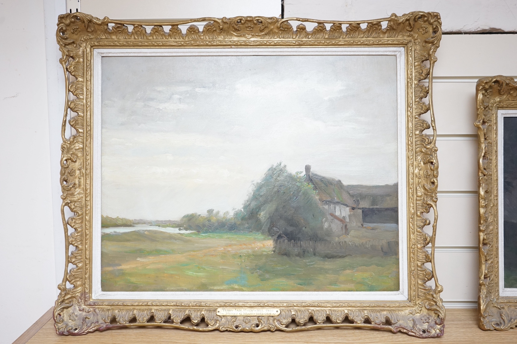 Henry G. Moon (1857-1905), oil on canvas, 'Ferry Inn, Holywell', signed in ink verso, inscribed plaque, 39 x 49cm, ornate gilt frame. Condition - good